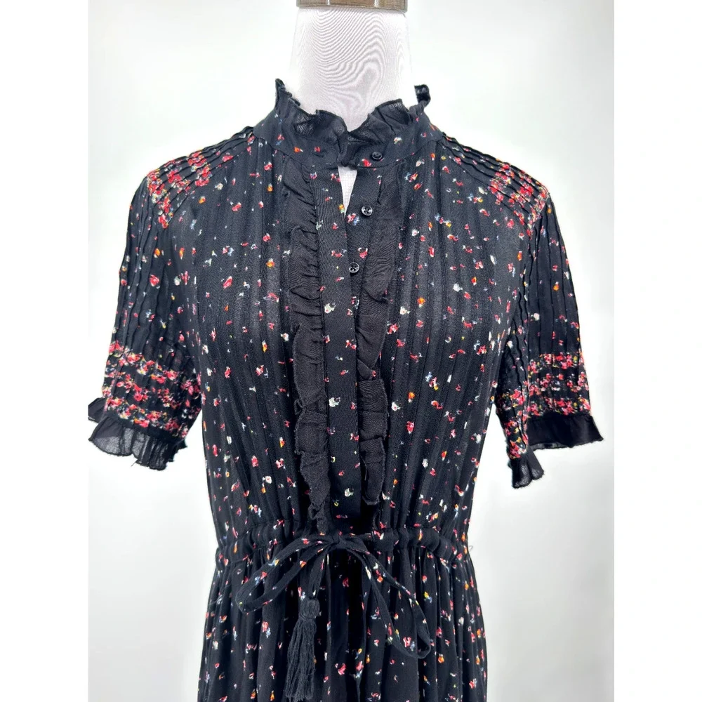 Free People Rare Feeling Black Floral Boho Pleated Tiered Maxi Dress Sz M